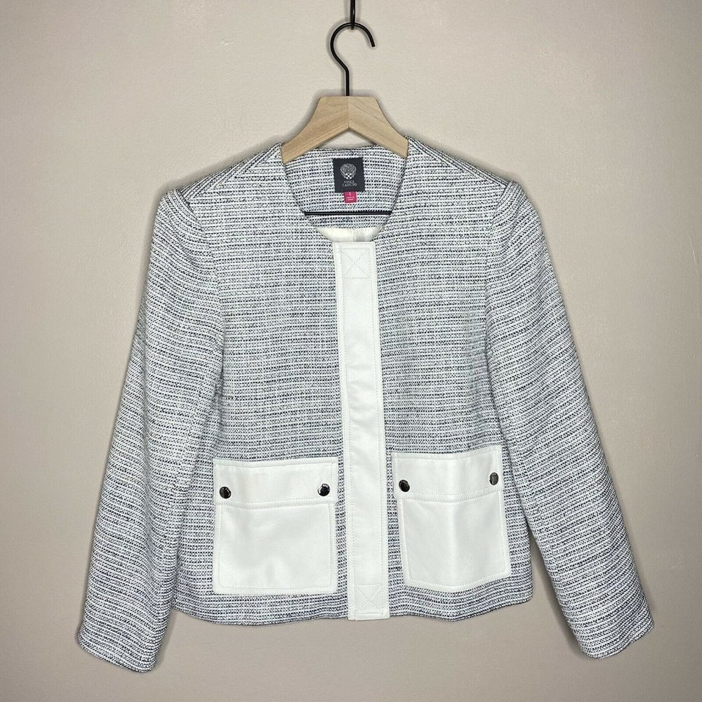 Vince Camuto Women's Size 4 Faux Leather Flap Pocket Tweed Jacket Blazer Coat